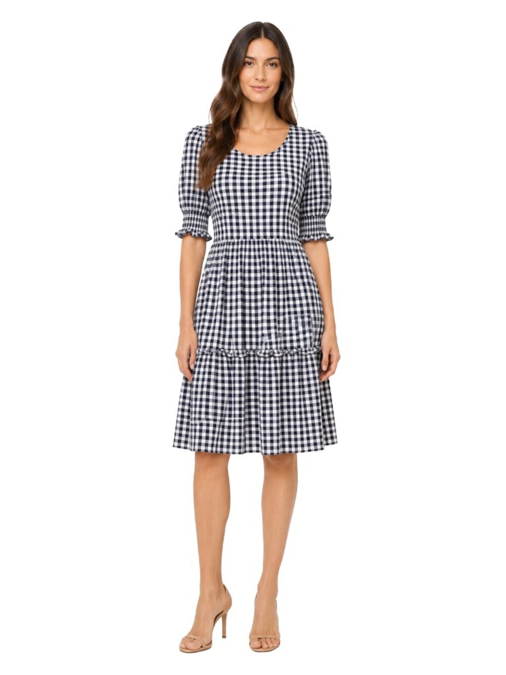 Draper James Gingham Midi Dress M Blue White Puff Sleeve Tiered